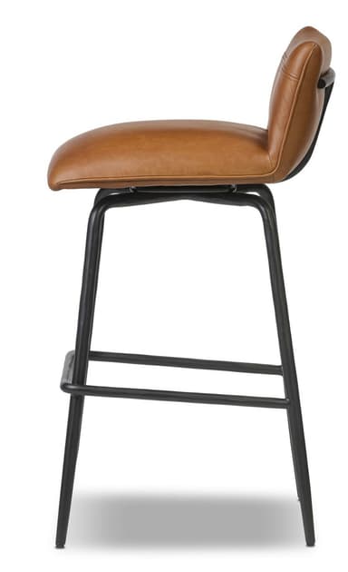A modern bar stool with a contoured, upholstered seat and backrest supported by a black metal four-legged frame. The seat and back are covered in a brown, leather-like material with visible stitching details on the backrest. The frame consists of thin, cylindrical metal legs connected by a lower horizontal footrest. The stool appears to be designed for a counter or bar height. — 3D model