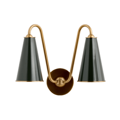 A mid-century modern-inspired wall sconce featuring two dark green, conical metal shades mounted on a curved brass-finished metal frame. The frame originates from a central circular wall plate and extends outwards in a serpentine fashion, holding a shade on each side. The shades have a contrasting brass ring detail at their openings. The fixture is designed for wall mounting. — 3D model