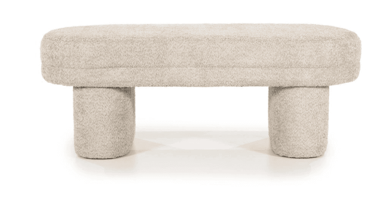 A modern, upholstered bench with a textured boucle fabric. The bench has a low profile and features two cylindrical legs that support a rectangular, elongated seat. The overall design is minimalist and contemporary, with rounded edges. — 3D model