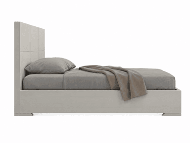 A contemporary single bed featuring a distinctive paneled headboard and a minimalist frame, all in a high-gloss light gray lacquer finish. The bed includes a footboard and integrated base legs. — 3D model
