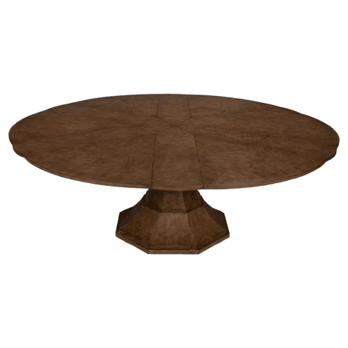 A round wooden dining table featuring a distinct radial veneer pattern on its surface and an octagonal pedestal base. The tabletop appears to have drop-leaf sections indicated by the visible seams, allowing for expansion or reduction in size. The wood has a warm, medium-brown finish, showcasing natural grain patterns. — 3D model