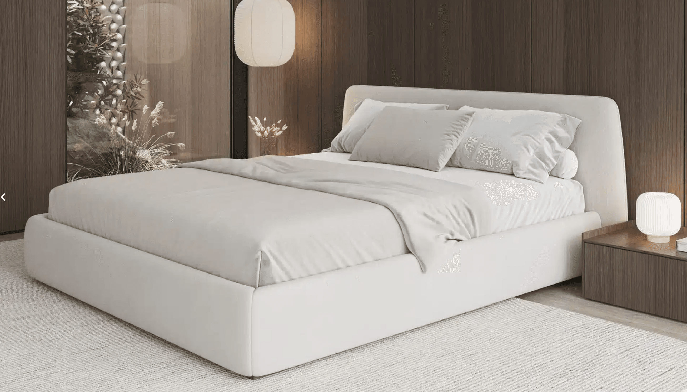 A modern, low-profile upholstered bed frame with a simple rectangular headboard and a matching base. The bed is dressed with light-colored bedding, including sheets, a duvet, and two standard pillows and one bolster pillow, all in neutral tones. — 3D model