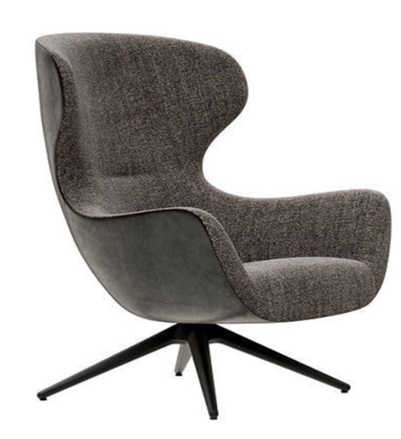 A contemporary high-back swivel lounge chair featuring a sculptural form, upholstered in a two-tone dark grey fabric with a contrasting darker smooth exterior shell, supported by a black four-star metal base. — 3D model