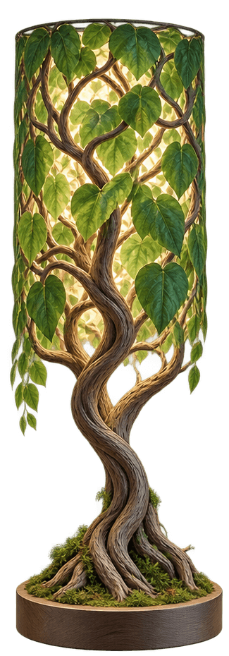 A highly decorative table lamp featuring a sculptural base resembling a gnarled tree trunk with roots, surrounded by green moss, set on a round dark wooden plinth. The upper section forms a cylindrical shade adorned with twisting vines and vibrant green leaves, illuminated from within to create a glowing botanical effect. — 3D model