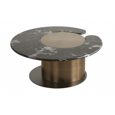 A contemporary coffee table featuring an irregularly shaped black marble top with white veining. The tabletop includes a central circular brushed metallic insert designed to swivel. The entire top is supported by a large, brushed brass cylindrical base, which in turn rests on a flat, circular black metal plate. — 3D model
