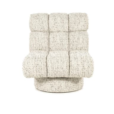 A cream-colored armchair with a plush, channel-tufted design. The chair features a low back and a wide, inviting seat. It is upholstered in a textured fabric with flecks of brown and grey. The base is a circular, swivel pedestal, also upholstered in the same fabric, providing stability and rotation. — 3D model