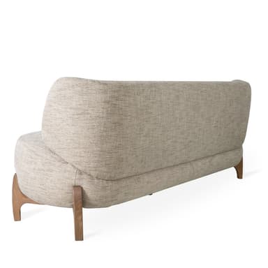 A modern sofa with a curved, organic form. It features a high, rounded back that extends to the sides, and a deep, cushioned seat. The sofa is upholstered in a light-colored, textured fabric and is supported by four simple wooden legs with a natural finish. The design emphasizes comfort and a contemporary aesthetic. — 3D model