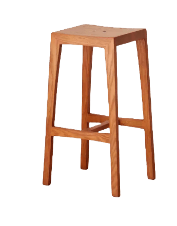 A tall, solid wood bar stool featuring a square seat and four outwardly splayed, tapered legs. The stool includes integrated stretchers on all sides that serve as footrests. The wood has a natural, light brown finish, highlighting its grain. The design is minimalist and contemporary. — 3D model