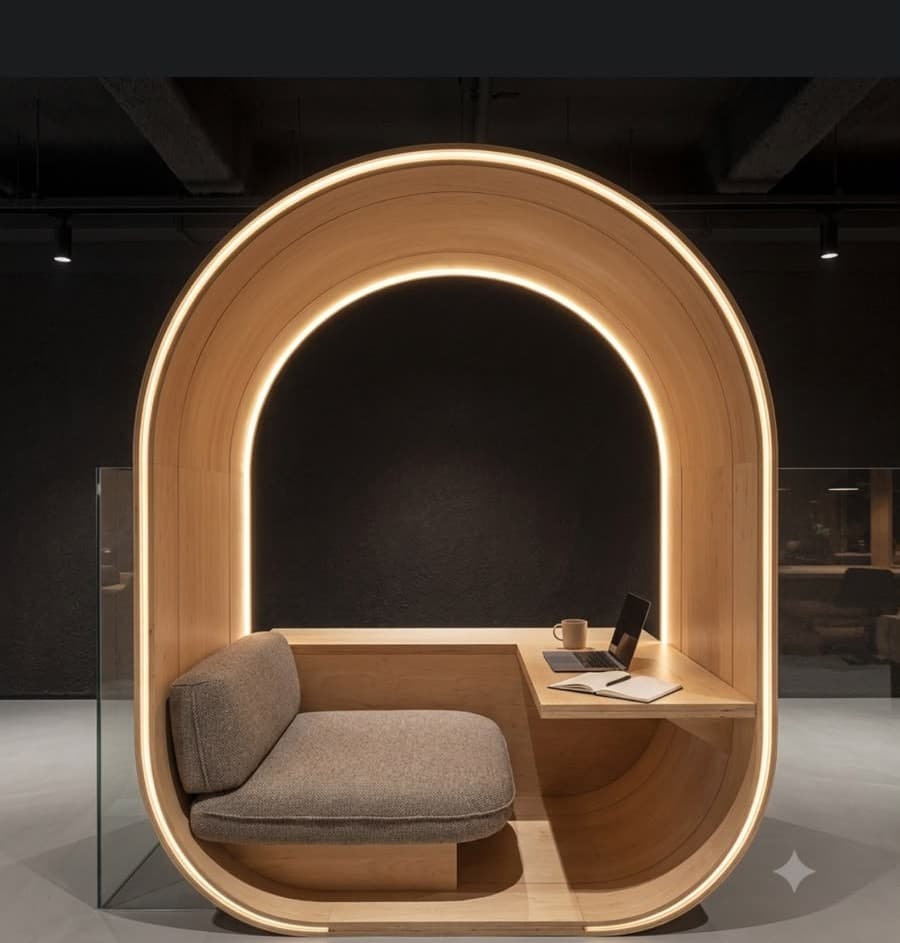 A modern, self-contained acoustic work pod featuring a light wood curved exterior, integrated upholstered seating, a built-in desk surface, and internal LED lighting. — 3D model