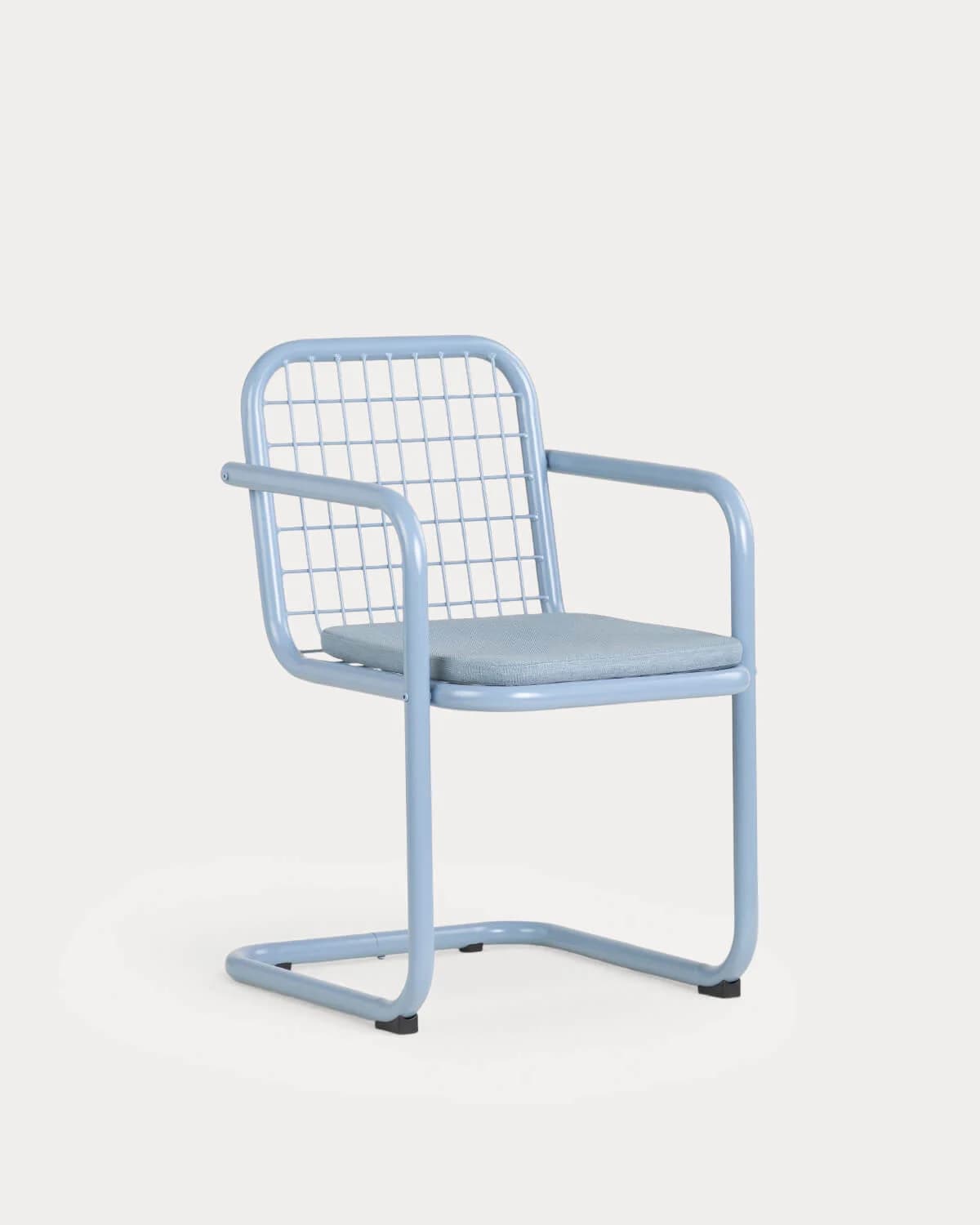 A light blue tubular metal armchair with a cantilever base, a grid-patterned backrest, and a light blue fabric seat cushion. — 3D model