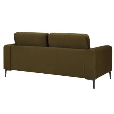 A modern three-seater sofa upholstered in a rich, dark olive green velvet or velour fabric. It features a clean-lined silhouette with straight track arms and a low back. The backrest is composed of two plush, loose cushions, while the base and armrests form a unified, structured frame. The sofa is supported by four slender, angled black metal legs, providing a subtle lift and enhancing its contemporary aesthetic. The overall design emphasizes minimalist elegance and comfort. — 3D model