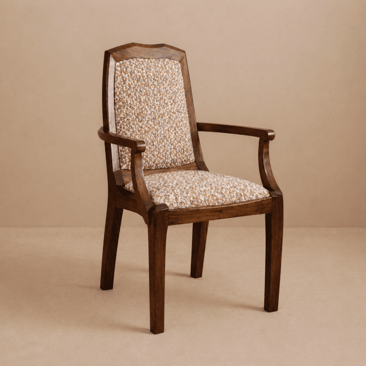 A wooden armchair with upholstered seat and back. The chair features a curved top rail for the backrest and arms that curve downwards. The upholstery is a patterned fabric with small, multi-colored flecks. The legs are straight and taper slightly. — 3D model