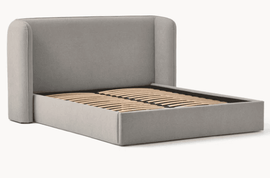 A light gray upholstered bed frame featuring a distinctive wingback headboard and a wooden slat support system, designed for a mattress without the need for a box spring. — 3D model