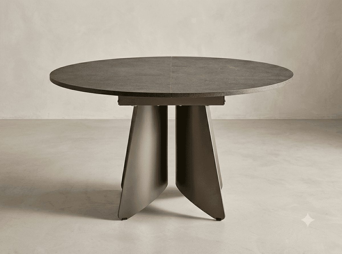 A modern round dining table featuring a dark, textured tabletop, which appears to be made from a sintered stone or ceramic material, supported by a distinctive, sculptural pedestal base crafted from dark bronzed metal. The tabletop shows a visible seam, suggesting it may be extendable. The base consists of four robust, trapezoidal legs that converge towards the center, providing stability and a contemporary aesthetic. — 3D model