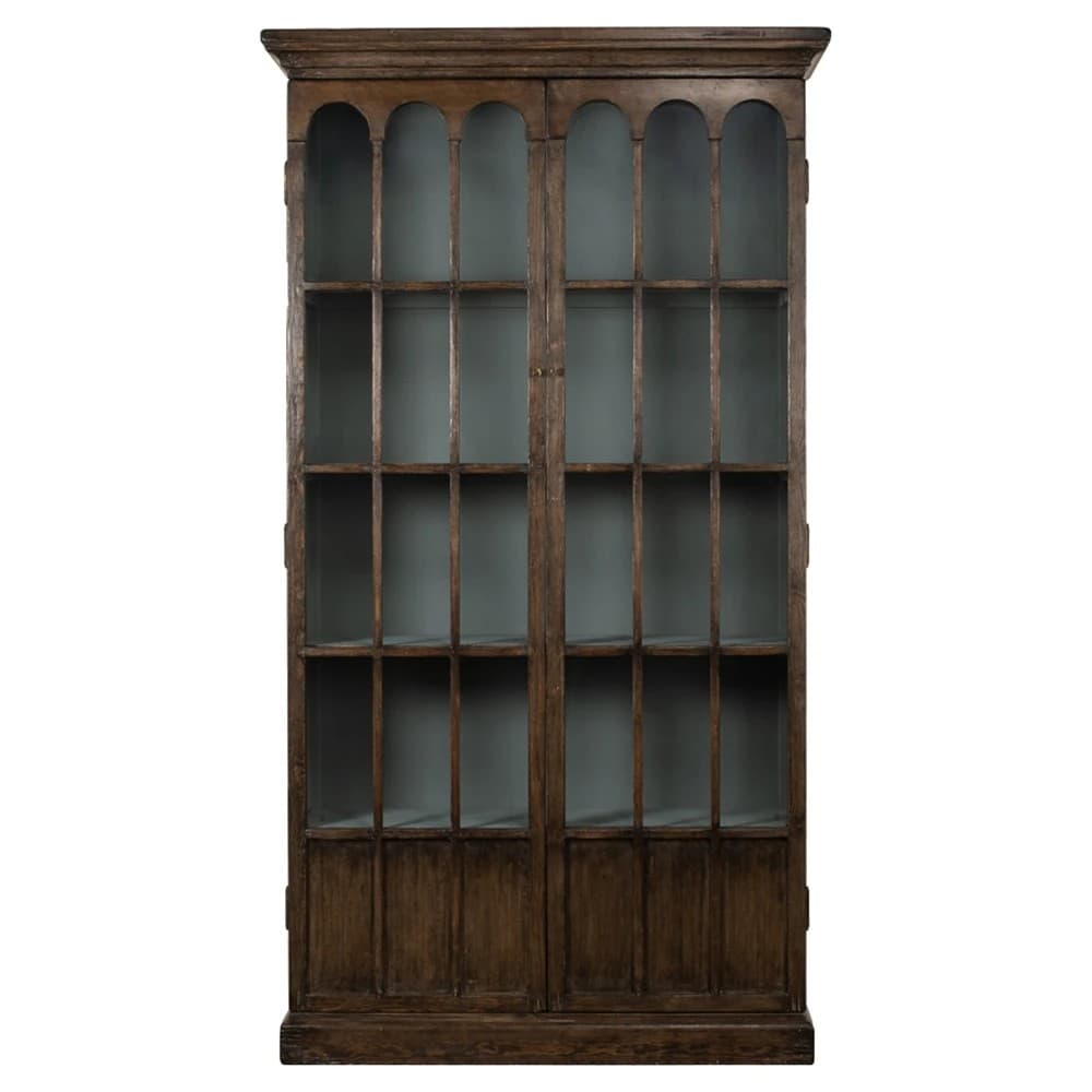 A tall, double-door display cabinet constructed from wood. The upper section features glass panes with arched tops, divided into multiple rectangular compartments. The lower section consists of solid wooden doors with vertical paneling. The cabinet has a dark wood finish and a classic, perhaps antique, aesthetic. — 3D model