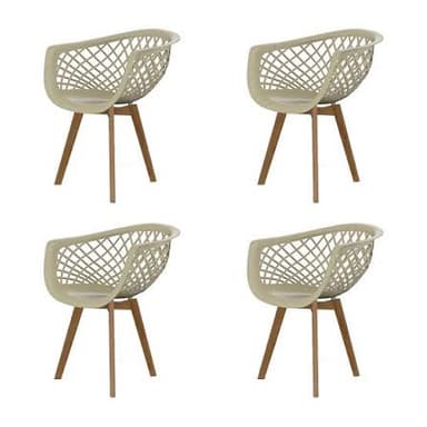 A contemporary dining chair featuring a molded plastic shell with an open lattice pattern on the back and integrated armrests. The seat is solid, and the chair is supported by four splayed wooden legs. The shell is a light beige/cream color, and the legs are a natural wood tone. — 3D model
