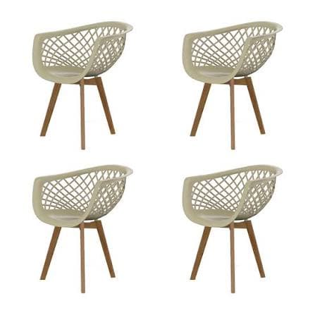 A contemporary dining chair featuring a molded plastic shell with an open lattice pattern on the back and integrated armrests. The seat is solid, and the chair is supported by four splayed wooden legs. The shell is a light beige/cream color, and the legs are a natural wood tone. — 3D model