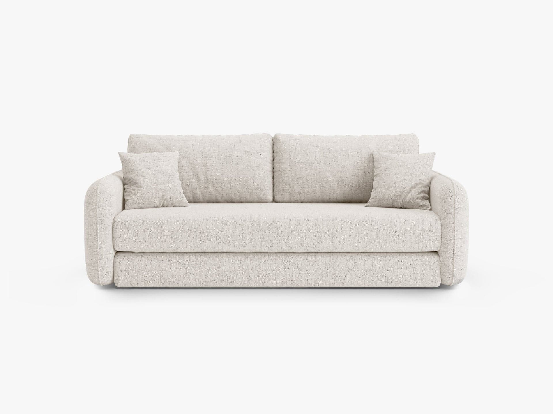 A sofa with a clean, modern design, featuring a light-colored textured fabric upholstery. It has a rectangular base with a low profile, three seat cushions, and two back cushions. Two square throw pillows are placed on the ends of the sofa. The arms are rounded and integrated into the main frame. — 3D model