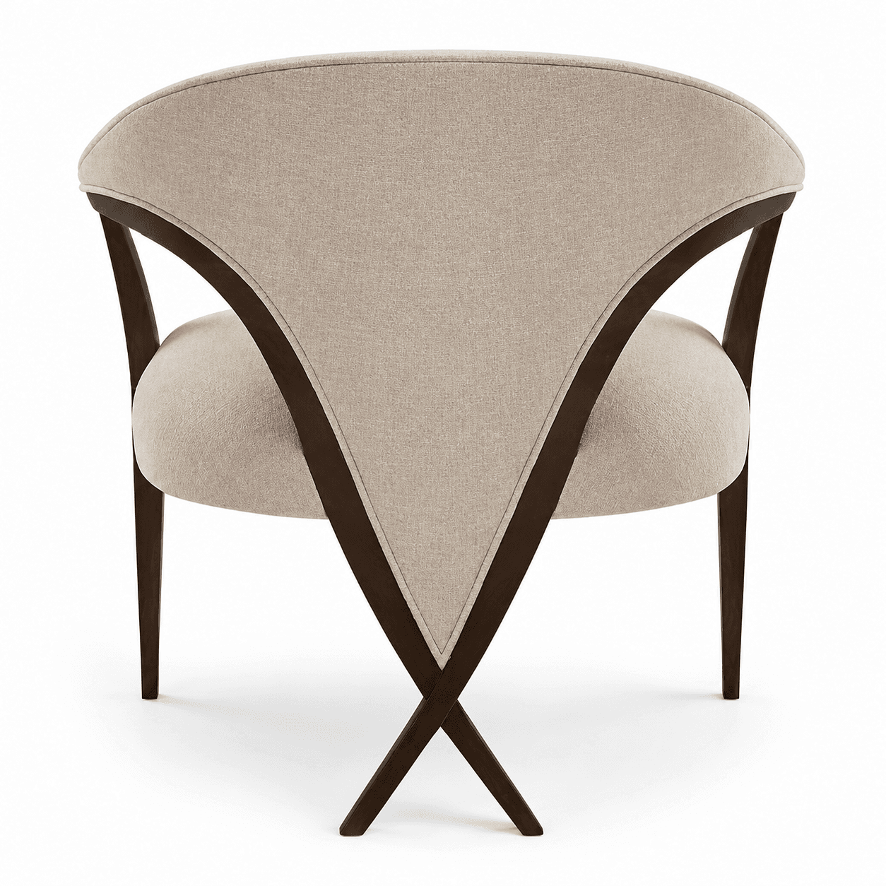 A contemporary accent chair featuring a curved, fully upholstered backrest and seat, supported by a dark wooden frame with a distinctive crossed-leg design at the rear. — 3D model