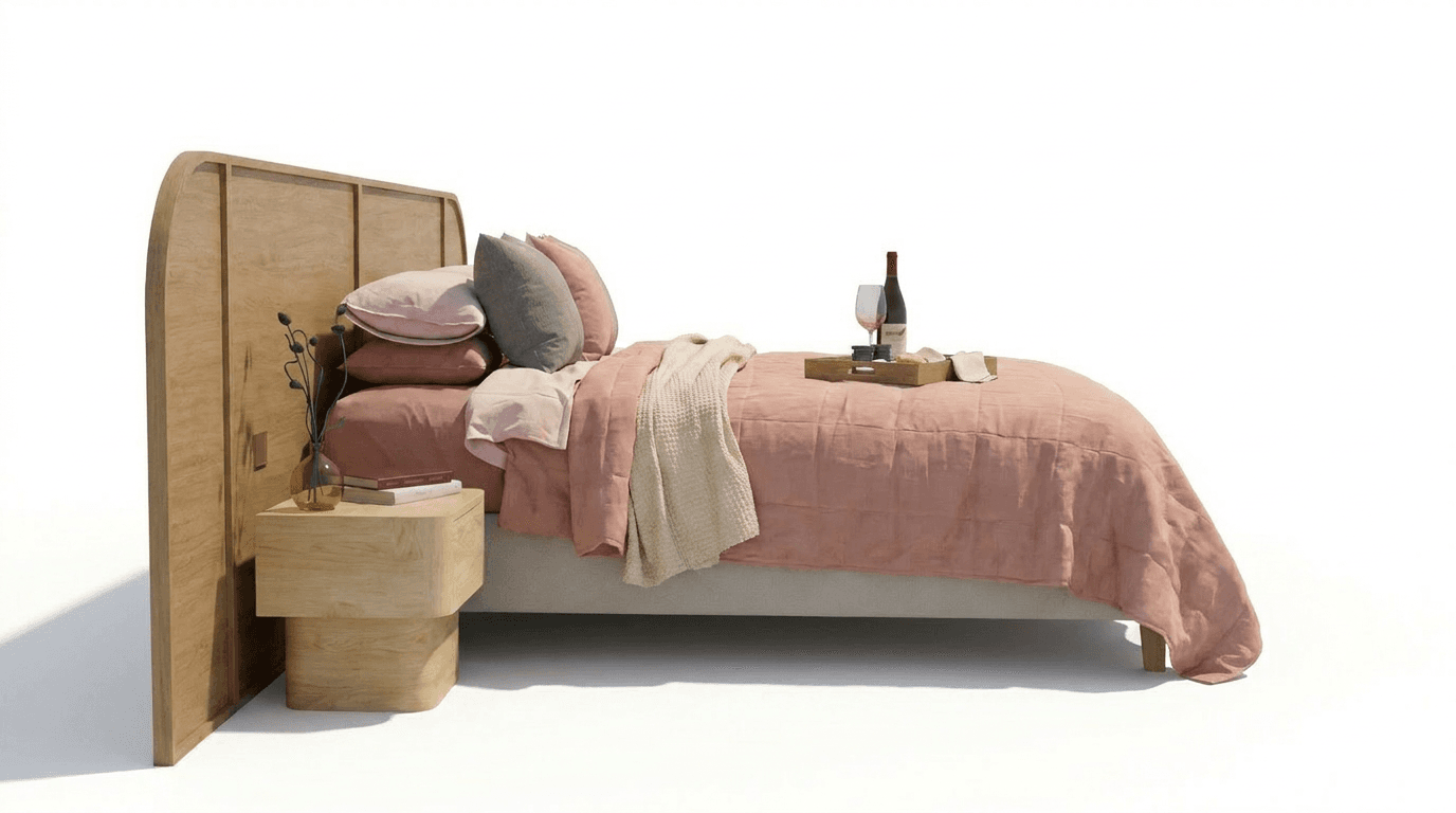 A modern platform bed featuring a light-toned wooden headboard with a distinctive curved side panel. The headboard integrates a matching wooden bedside table. The bed base is upholstered in a neutral fabric and is dressed with pink and grey bedding, including a quilted duvet and throw blanket. A wooden tray with wine and snacks rests on the bed. — 3D model