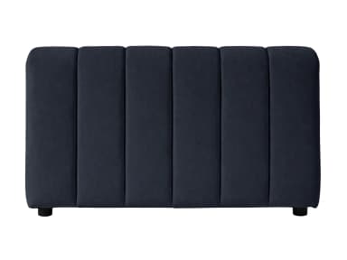 A dark navy blue velvet, armless seating unit featuring vertical channel tufting on both the backrest and seat, designed as a modular component for a sofa or sectional. It measures 48 inches wide, 36 inches deep, and 25 inches high. — 3D model
