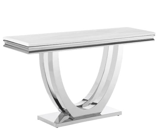 A modern console table featuring a rectangular white marble top with a stepped edge profile. The base consists of two substantial, U-shaped supports made from highly polished chrome, which are anchored to a rectangular plinth base. The design emphasizes clean lines and reflective surfaces, suitable for contemporary interiors. — 3D model