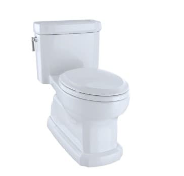 A white ceramic toilet with a tank and seat. The toilet has a contemporary design with clean lines and a slightly elongated bowl. The tank has a lever on the left side for flushing. The base of the toilet is flared and has a solid appearance. — 3D model