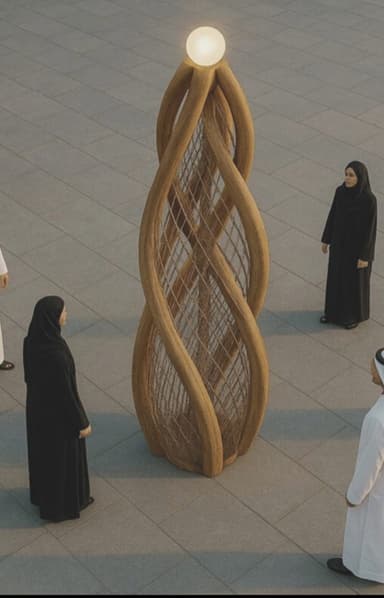 A tall, sculptural floor lamp featuring a twisted, open-cage wooden frame in a light natural finish. An internal mesh structure is visible within the wooden curves, and a spherical frosted glass or acrylic diffuser is positioned at the top, emitting a soft, ambient light. The lamp has an organic, contemporary design. — 3D model
