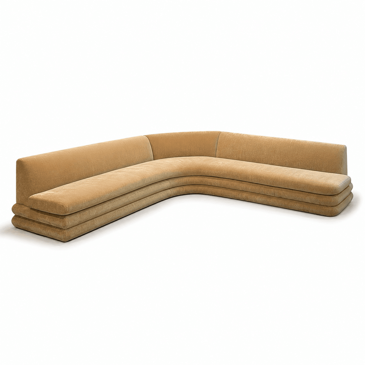 A sectional sofa with a curved, organic shape. The sofa features multiple stacked horizontal cushions and a continuous backrest that follows the curve. The upholstery appears to be a textured fabric. — 3D model