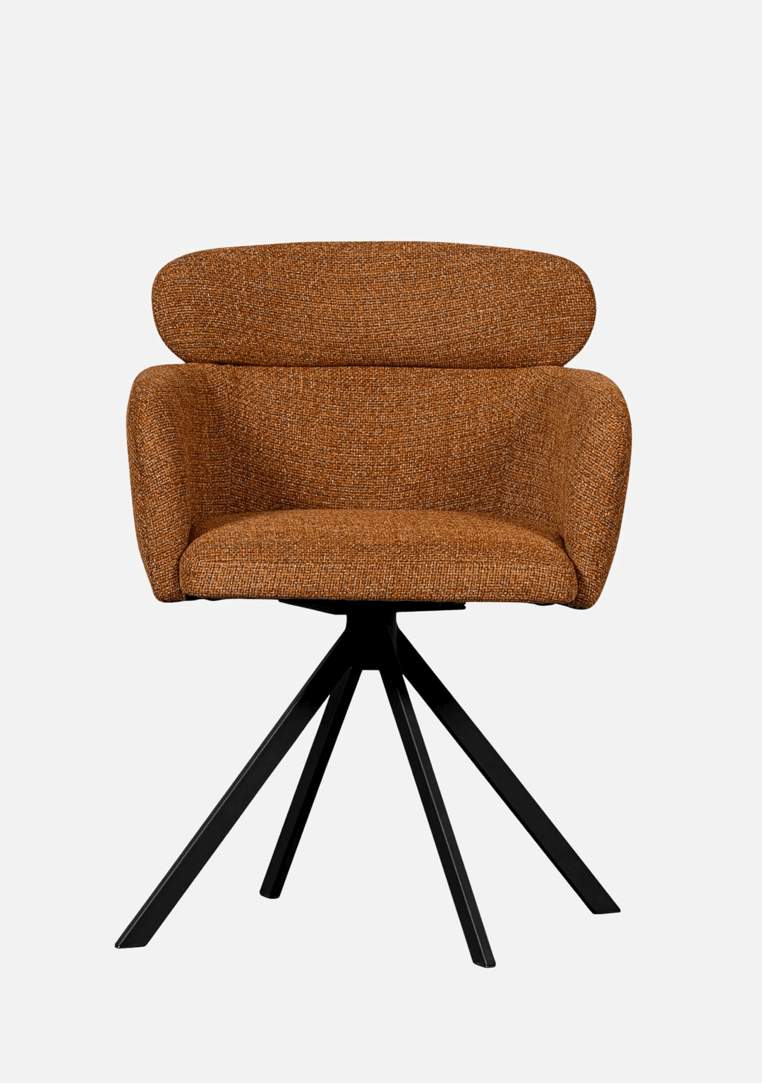 An upholstered swivel armchair featuring a textured orange-brown fabric and a black splayed metal base. — 3D model
