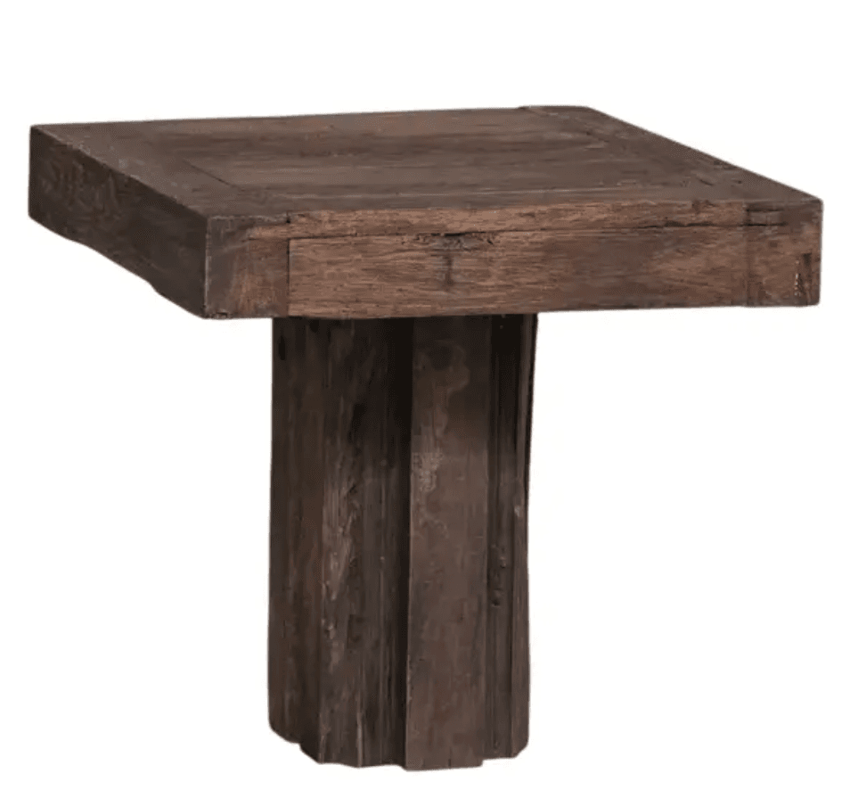 A rustic end table with a square top and a solid, carved base. The piece appears to be constructed from reclaimed or distressed wood, featuring a textured surface with visible grain and imperfections. — 3D model