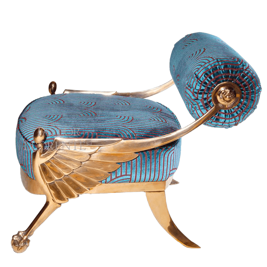 An ornate bench with a brass frame and upholstered seating. The frame features stylized winged figures on the front legs and a decorative scrollwork armrest. The upholstery is a vibrant teal fabric with a geometric pattern in a darker blue and thin brown lines. The back of the bench has a cylindrical pillow or headrest, also upholstered in the same fabric. — 3D model