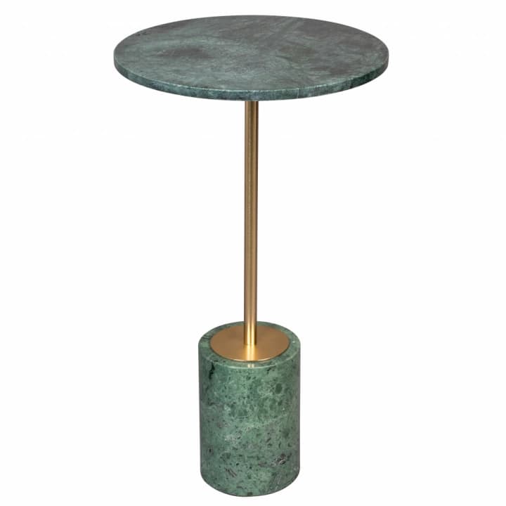 A circular side table with a dark green marble top and a cylindrical marble base. The top is supported by a slender brass stem, and a brass disc is visible at the junction between the stem and the base. The marble has a veined pattern. — 3D model