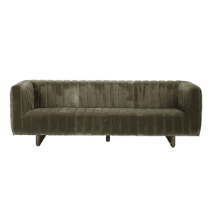 A three-seater sofa with a channel-tufted design. The sofa features a plush, velvet-like upholstery and a low-profile, rectangular silhouette. It is supported by a dark, wooden base. — 3D model
