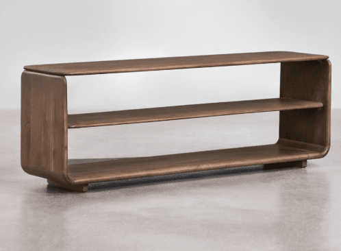 A modern, low-profile media console or open-shelf cabinet constructed from dark-stained wood, featuring continuously curved edges. The unit has a long, flat top surface and two open shelves beneath, supported by integrated side panels that smoothly curve from the top down to the base. The design emphasizes a minimalist and fluid aesthetic, with no sharp corners. The console sits on a slightly recessed base. — 3D model
