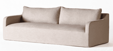 A sofa with a modern, minimalist design. It features a low profile, square arms, and two large back cushions. The upholstery appears to be a textured fabric with a neutral tone. — 3D model