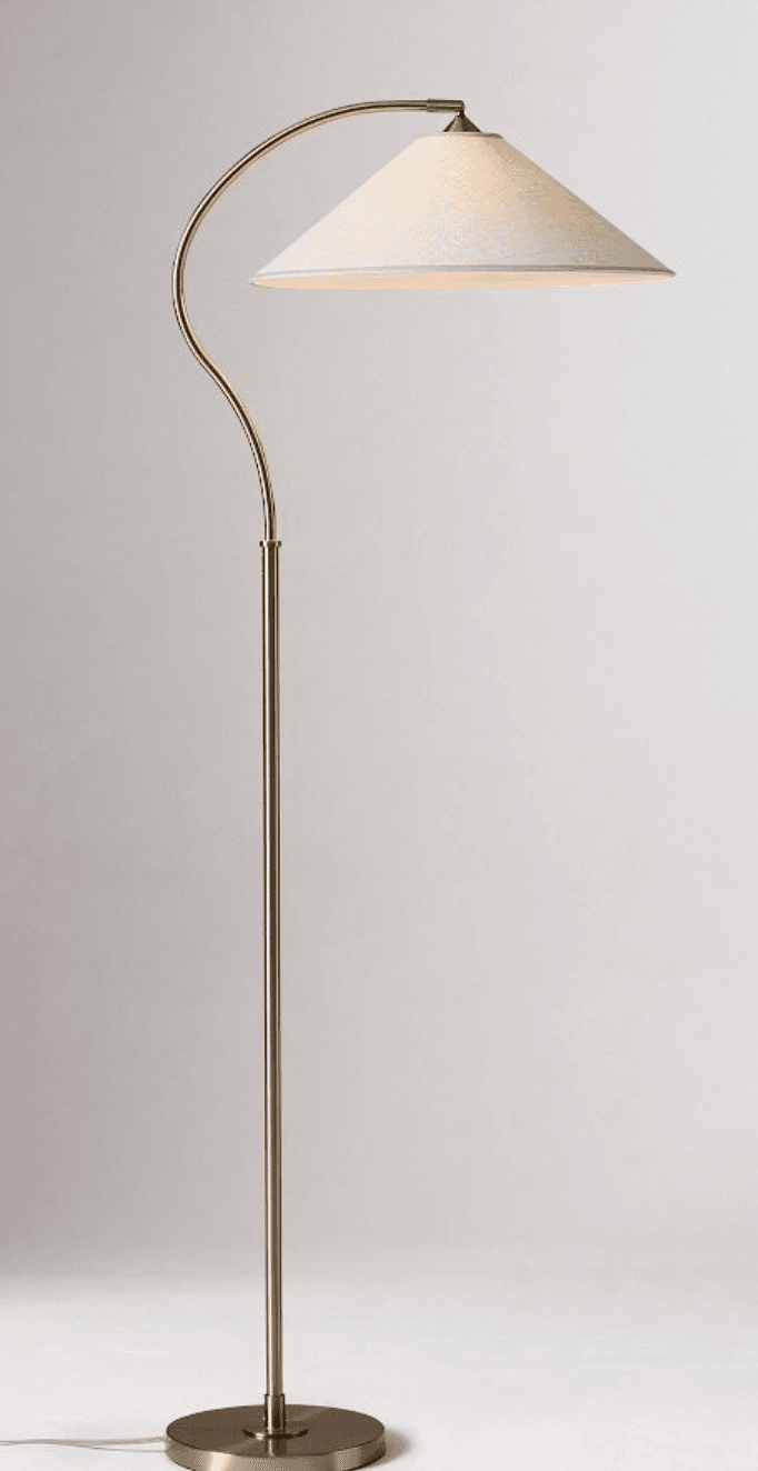 A floor lamp with a slender, curved metal arm extending from a central pole. The arm supports a conical lampshade made of fabric. The base is a circular, flat metal disc. The lamp is finished in a brass or bronze tone. — 3D model