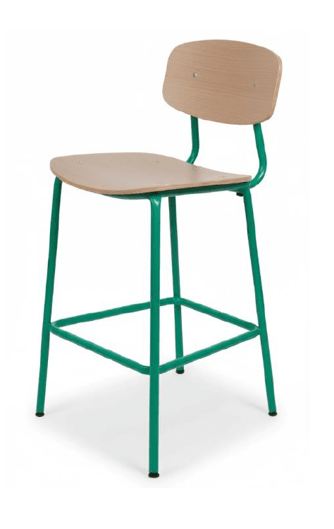 A bar stool with a light wood seat and backrest, supported by a vibrant green metal frame. The frame consists of four legs connected by horizontal supports at the bottom, and curved supports that integrate with the seat and backrest. — 3D model