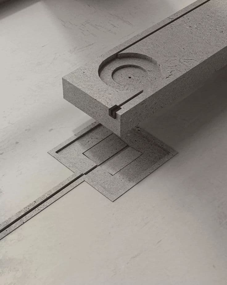 A minimalist, modular architectural fixture composed of a gray, coarse-textured material resembling concrete. The primary element is a thick, rectangular block featuring a deep circular depression with concentric rings, suggesting a basin and drain. This block is precisely fitted into a larger, flatter rectangular base that also exhibits stepped, recessed details and linear channels extending outwards. A long, narrow channel further extends from the main base, emphasizing a linear drainage design. The overall design is stark, geometric, and functional, rendered against a plain white background. — 3D model