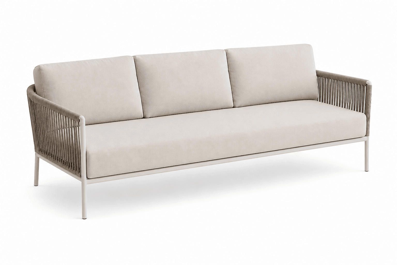 A three-seater sofa with a light-colored upholstered seat and back cushions. The frame is constructed with thin metal legs and arms. The armrests and the sides of the back are wrapped with a woven rope material in a neutral tone. The overall design suggests modern outdoor or indoor use. — 3D model