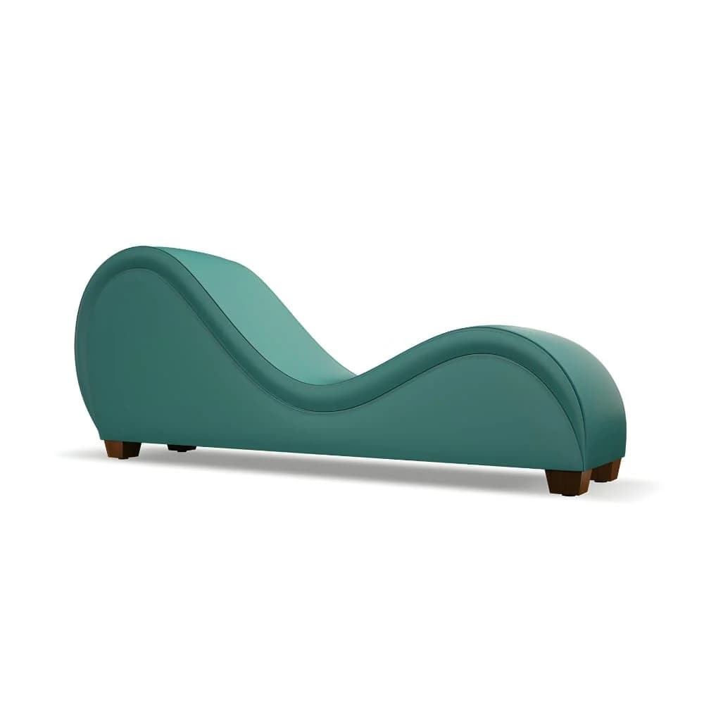 A modern, ergonomic chaise lounge featuring a distinctive S-shaped profile, upholstered in a smooth, teal-colored material. The lounge is designed for comfortable reclining and is supported by short, dark wooden feet at its base. — 3D model