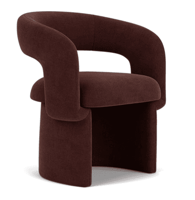 A contemporary, fully upholstered accent chair featuring a unique, sculptural design. The chair is monochromatic in a rich dark red-brown fabric, with a continuous, curved form that integrates the backrest, armrests, and base into a single, cohesive unit. The seat is a distinct, cushioned block seemingly nestled within the wider, U-shaped main structure. — 3D model