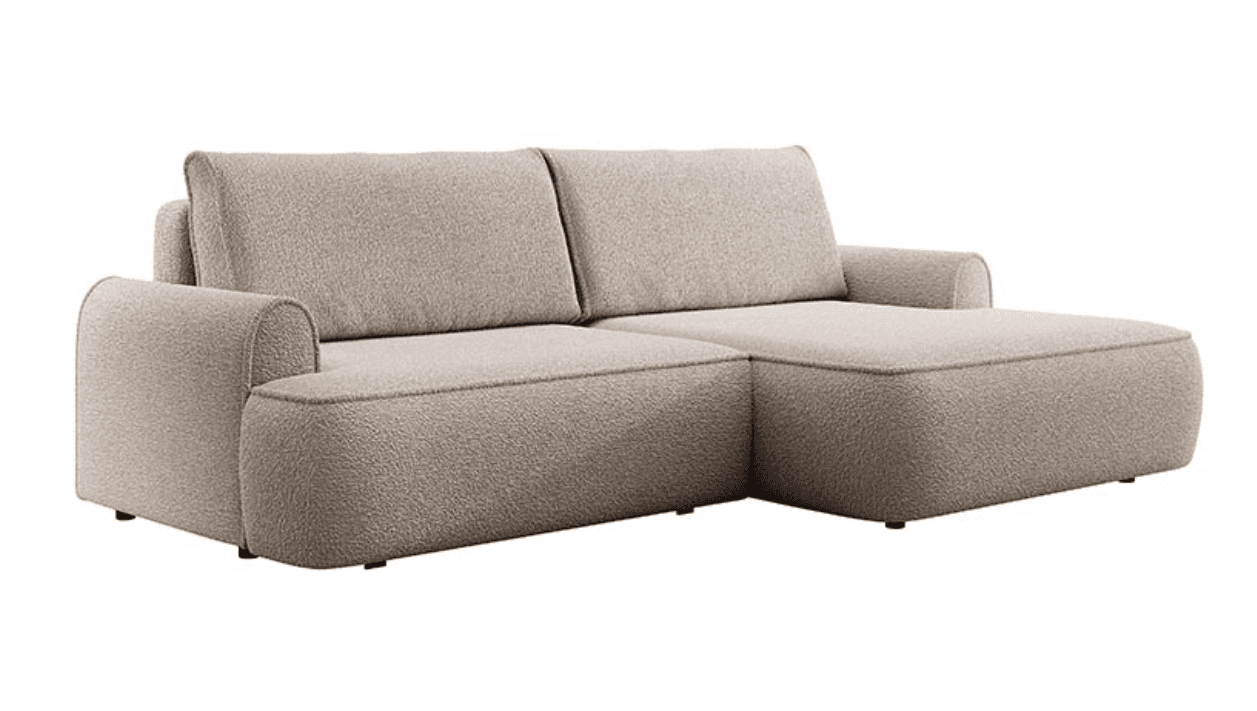 A sectional sofa with a chaise lounge. The sofa features a textured boucle fabric upholstery in a neutral beige tone. It has a low-profile design with padded armrests and back cushions. The construction appears to be modular, with distinct seating sections and a chaise extension. — 3D model