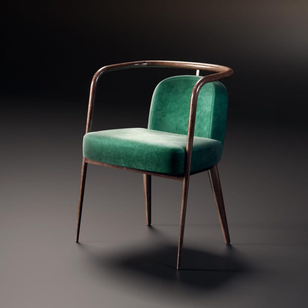 A single armchair with emerald green velvet upholstery and a curved metal frame, set against a dark background. — 3D model
