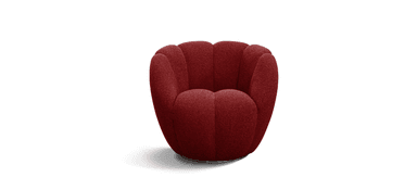 A modern, sculptural lounge chair featuring a deep red bouclé upholstery and a distinctive scalloped design, set on a swivel base. — 3D model