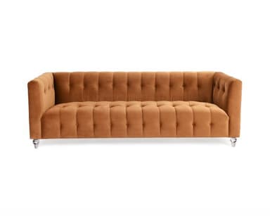 A three-seater sofa with a tufted upholstery design. The sofa features a straight back and arms, with a continuous tufted pattern running along both the back and seat cushions. It is supported by four transparent, possibly acrylic or glass, legs with a slightly tapered cylindrical shape. The upholstery appears to be a soft fabric with a velvet-like texture. — 3D model