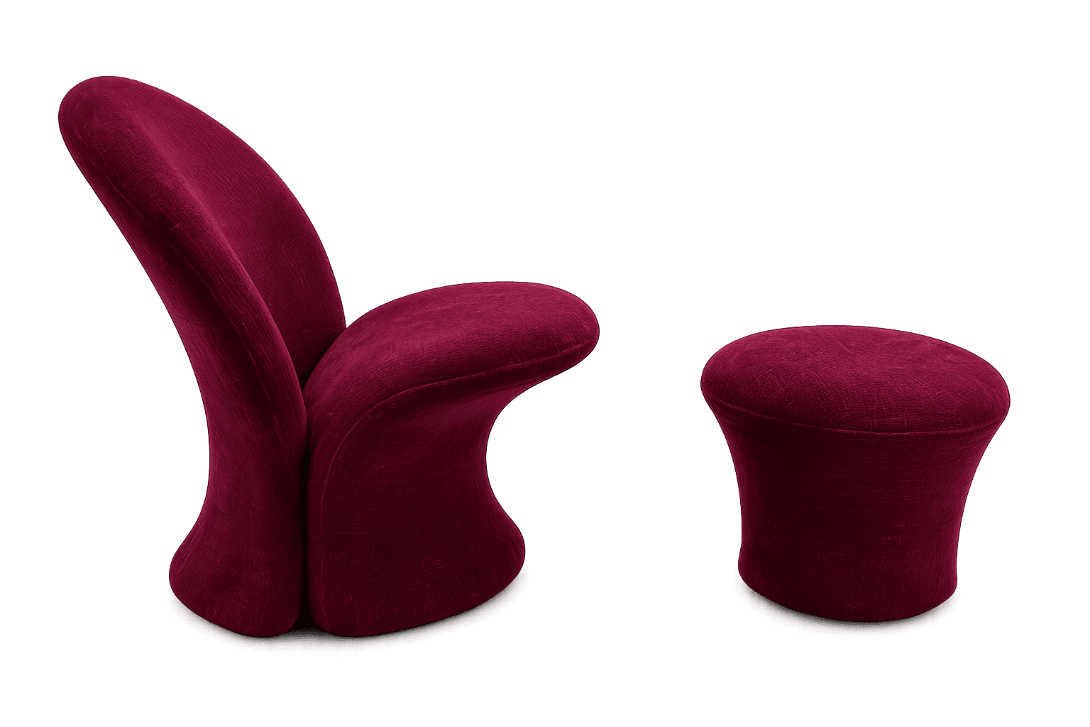 A sculptural, organic lounge chair and matching ottoman, both fully upholstered in a deep maroon or burgundy fabric. The chair features a high, curved back that flows seamlessly into the seat and base, creating a fluid, legless form. The accompanying ottoman mirrors the chair's soft, rounded, and curvaceous design, also lacking traditional legs. The plush fabric has a subtle texture, enhancing the luxurious and contemporary aesthetic of the set. The items are presented against a black background. — 3D model