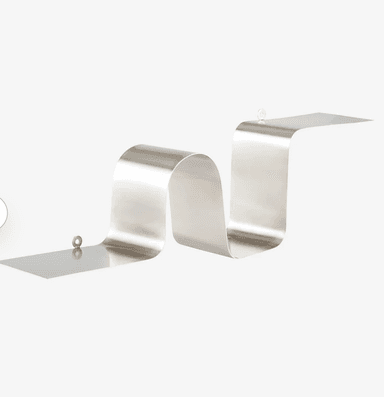 A wall-mounted shelf made from a single, continuous piece of polished metal, formed into a serpentine or wavy shape with integrated loops for hanging. — 3D model