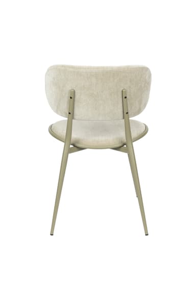 A contemporary dining chair featuring a slightly curved backrest and a seat cushion. The chair has a metal frame with four tapered legs. Both the backrest and the seat are upholstered in a textured, light beige fabric. The frame has a matte, olive-green finish. — 3D model