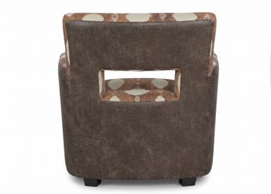 An upholstered armchair featuring a distinctive fawn print fabric on the internal surfaces and seat, contrasted with dark brown faux leather on the external sides and back. The chair has a contemporary silhouette with a cutout detail in the upper backrest. — 3D model